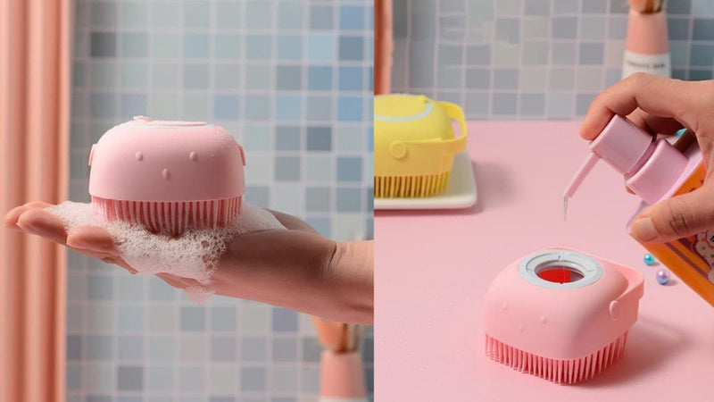 Dropshipping Soft Safe Silicone Pet Bathroom Massage Cleaning Grooming Tools Dog Cat Bath Brush with Shampoo Box (Pink), Small Pink - PawsPlanet Australia
