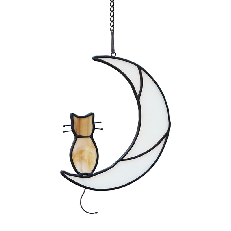 Orange Tabby Cat On Moon Stained Glass Window Hangings,Tabby Cat Decoration suncatcher Hanging Ornament Gift for Mom,Cat Memorial Gifts for Cat Lovers, Pet Loss Sympathy Gift (Yellow) Yellow