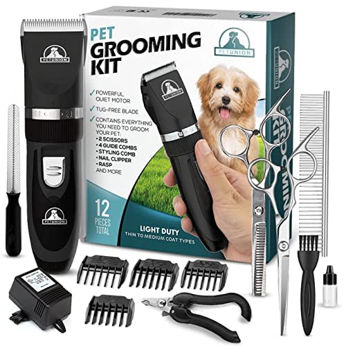 Pet Union Professional Dog Grooming Kit - Cordless Low Noise Dog Clippers for Grooming Thick Coats - All Pet Safe Cat Hair Trimmer - Pet Grooming Kit Includes Dog Hair Clippers, Nail Trimmer & Shears Black - PawsPlanet Australia