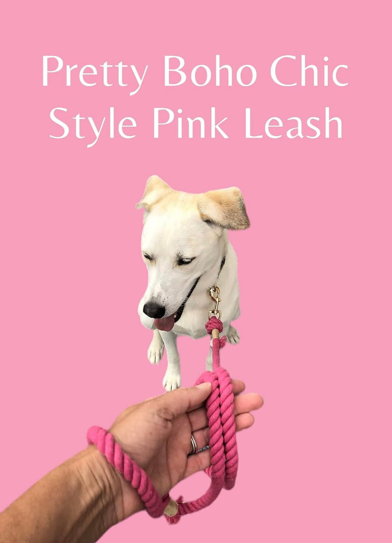 Glow Pups Pink Dog Leash, 5 ft Rope Leash for Small, Medium, Large Dogs, Handmade Caribbean Cotton Boho Chic Style with 360° Swivel Clasp, D-Ring for Accessories (Bright Pink) Bright Pink - PawsPlanet Australia