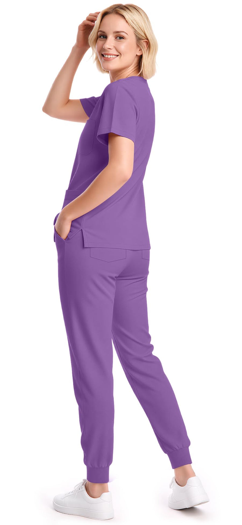 Scrubs for Women Set - 8-Pocket V-Neck Scrub Uniform, Stretch Jogger Pants, Medical Workwear for Nurses, Pet Care Medium Light Purple - PawsPlanet Australia