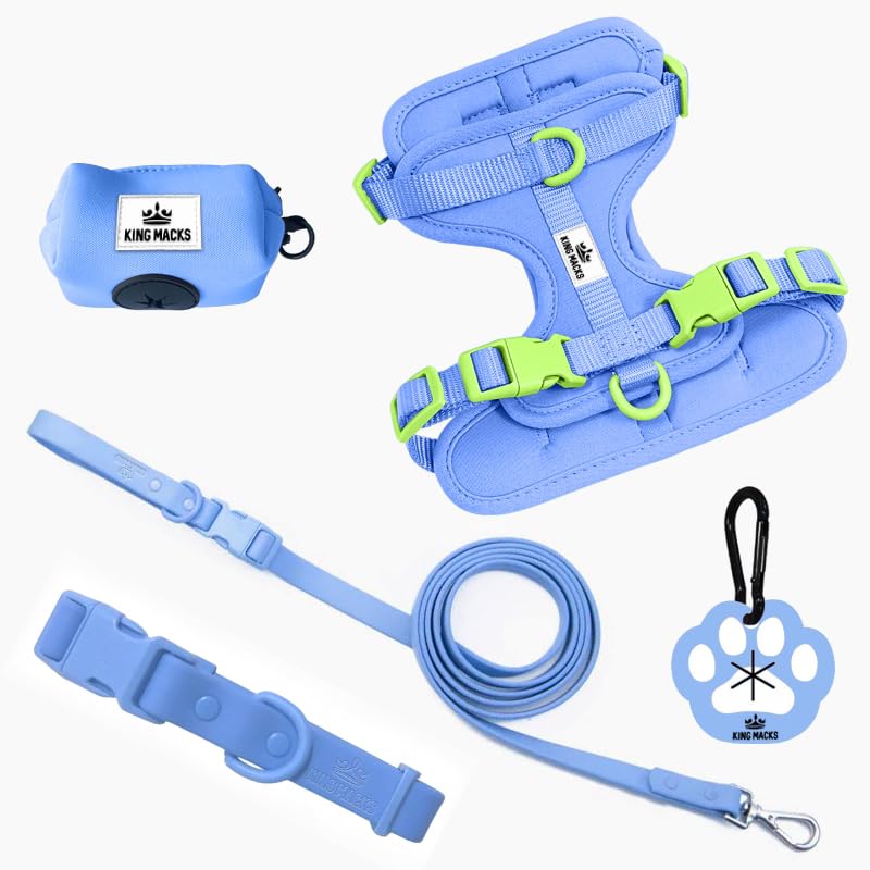 King Macks Dog Harness Set with Collar and Leash, Waste Bag Holder and Dirty Waste Bag Clip, Adjustable for Small/Medium/Large Dogs, Lightweight (Blue with Green, Large) Blue with Green - PawsPlanet Australia
