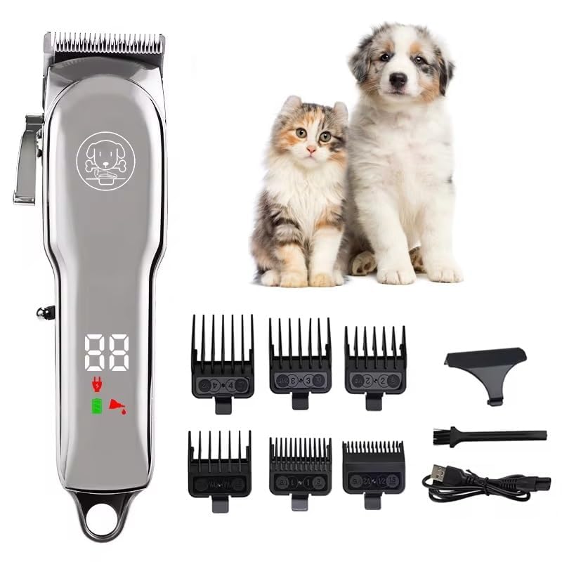 Dog Clippers - Rechargeable Cordless Dog Grooming Kit, Professional for Thick Coats, LED Power Display, Low Noise Pet Shaver with 6 Guide Combs for Cats and Animals