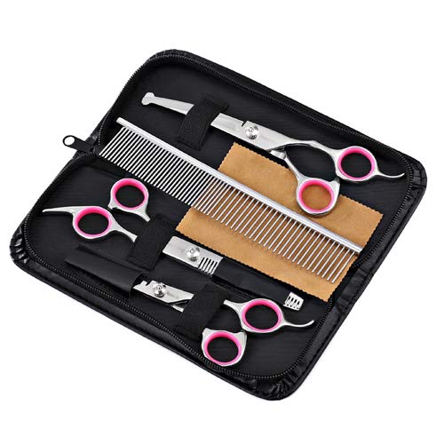 Dog Grooming Scissors Kit with Safety Round Tip, Heavy Duty Stainless Steel Dog Scissors Set Include Straight Scissors, Curved Scissors, Thinning Shears and Comb for Dog Cat Hair Care - PawsPlanet Australia