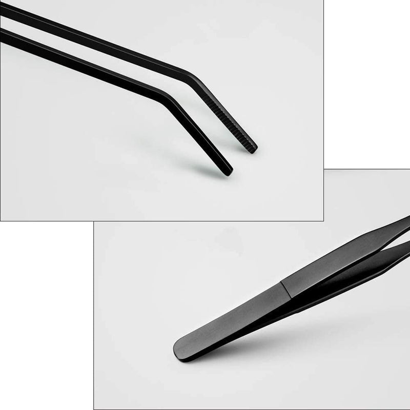 2PCS Aquarium Tweezers Stainless Steel Straight and Curved Tweezers Set Long Handle Reptile Feeding Tongs for Aquatic Plants Lizards Spider Snakes Garden Repairing - 10.6inch, Black - PawsPlanet Australia
