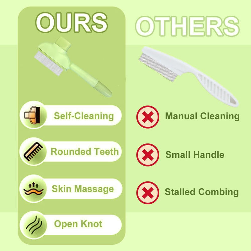 TerraKin 2-Pack Flea Comb for Dogs & Cats, One-Click Self-Cleaning Pet Grooming with Release Button, Long & Short Stainless Steel Teeth for Deshedding, Removing Fleas & Massaging,Green Green
