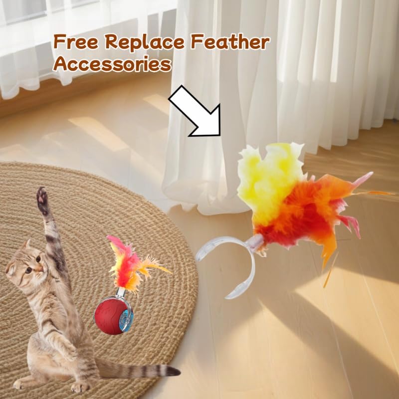 2025 New Interactive Cat Toy Ball for Indoor Cats Dog, Smart 360° Automatic Rolling Pet Ball Kitten Toys with Replace Feather , 3.0 Tail Electric Cat's Toys with LED Light Three Modes Adjustment Red - PawsPlanet Australia