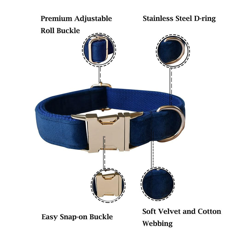 Velvet Dog Collar and Leash Set, Bright & Stylish Leash and Collar Set, Durable Pet Collars with Heavy Duty Quick Release Metal Buckle Adjustable for Samll Medium Large Dogs or Cats Medium: Neck 10.6" - 16.0" Blue