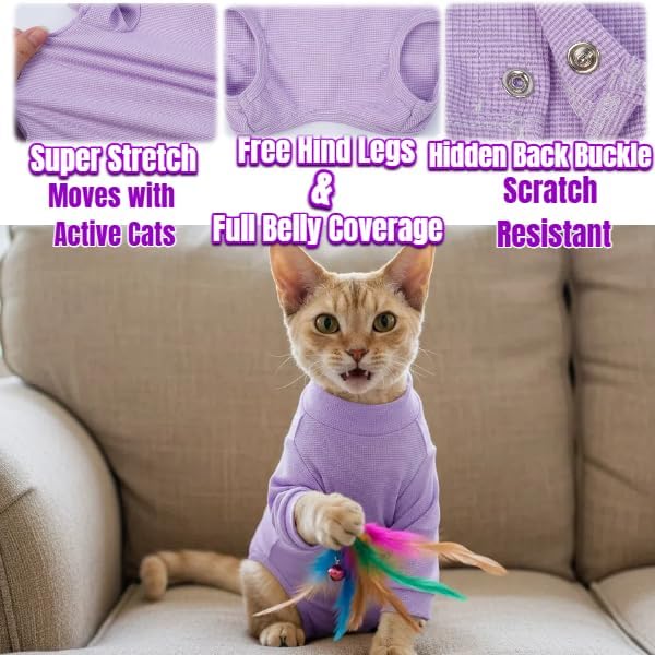 Cat Onesie for Cats After Surgery Male Female, Breathable & Soft Fabric Cats Spay Recovery Suit, Cone Alternative Surgical Suit with Leg Sleeves to Stop Licking, Cat Wound Care Shirt Wear(Purple, M) Medium Purple