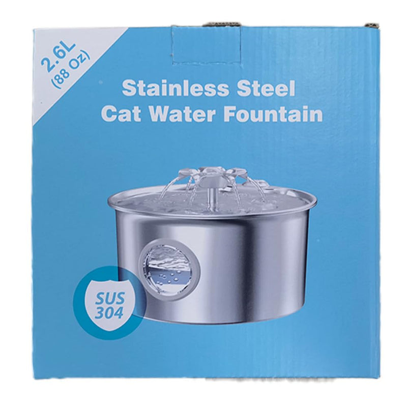 Stainless Steel Cat Water Fountain: 88oz/2.6L Ultra Quiet Pet Fountain with Flower Kitty Spout & LED Blue Light Water Dispenser with Water Level Window for Cats/Dogs Indoor (Silver) - IHOUONE cat Fountain + 1 Filters & 1 Sponges - PawsPlanet Australia