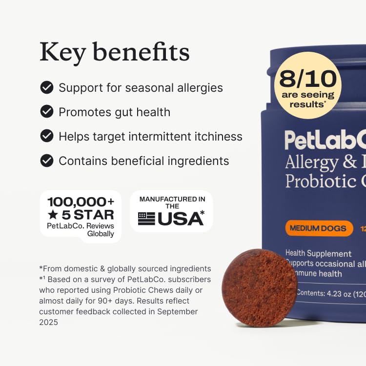 PetLab Co. Allergy & Immune Daily Probiotics for Dogs. Supports Yeast Production, Seasonal Allergies, Intermittent Itchiness, Gut & Digestive Health for Medium Size Dogs, Packaging May Vary Medium Dogs