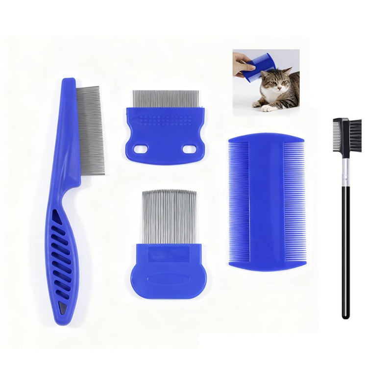 3/4/5-pieces flea and lice comb set, stainless steel pet comb (for dogs and cats, circular tooth design), double-sided tear stain remover, pet shedding comb, suitable for all types of pets (5pcs) 5pcs