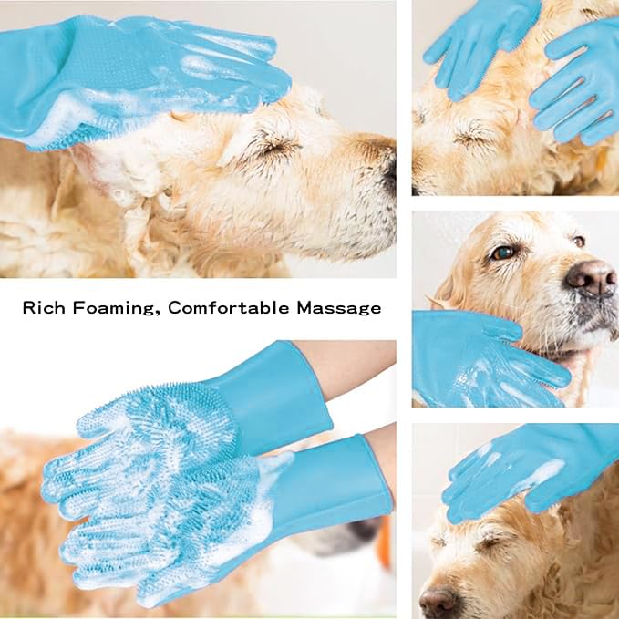 Pet Grooming Gloves, Heat Resistant Silicone Gloves，Silicone Hair Removal Mitt for Dogs and Cats,Cat Bathing Gloves ，Cat and Dog Massage Products， Blue。 - PawsPlanet Australia