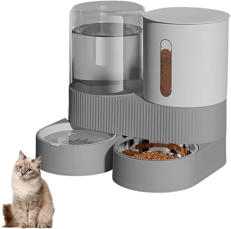 Automatic Cat Feeder and Water Dispenser - Gravity Cat Food Feeder and Waterer with Stainless Steel Bowl, 2 Pack Pet Self Feeding for Small Dog Puppy Kitten, 2.4L Dry Food and 2.6L Water Grey Split - PawsPlanet Australia