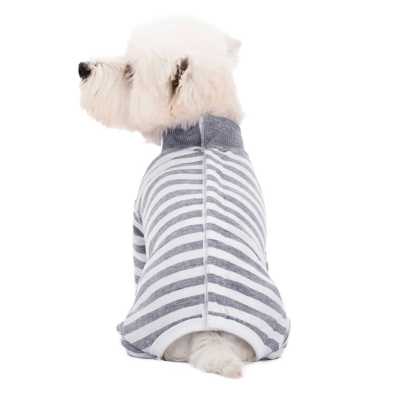 Dog Striped Recovery Suit, Puppy After Surgery Onesie for Female Male Dogs, Dogs Cats Long Sleeve Pajamas Bodysuit, Surgery Abdominal Wound Bandages Clothes, Dog Pant for Shedding Skin Disease Grey Large