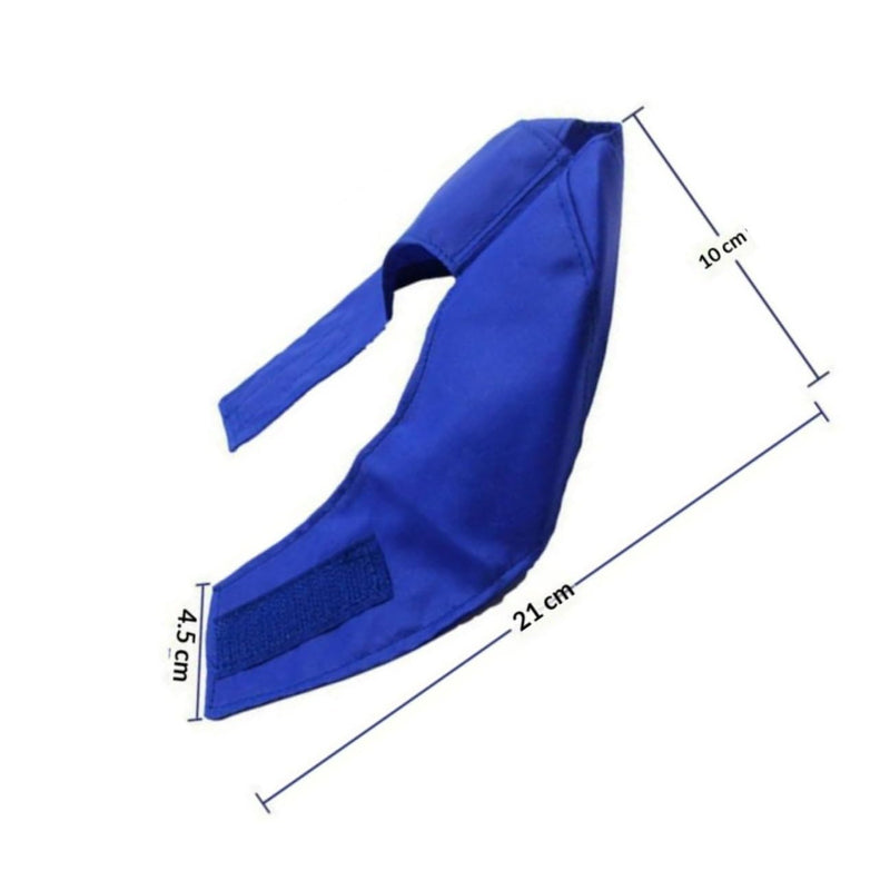 Eye patch for pets, cats and dogs, blue nylon with small hole design and sticky strap. Portable for calming during bathing and grooming.