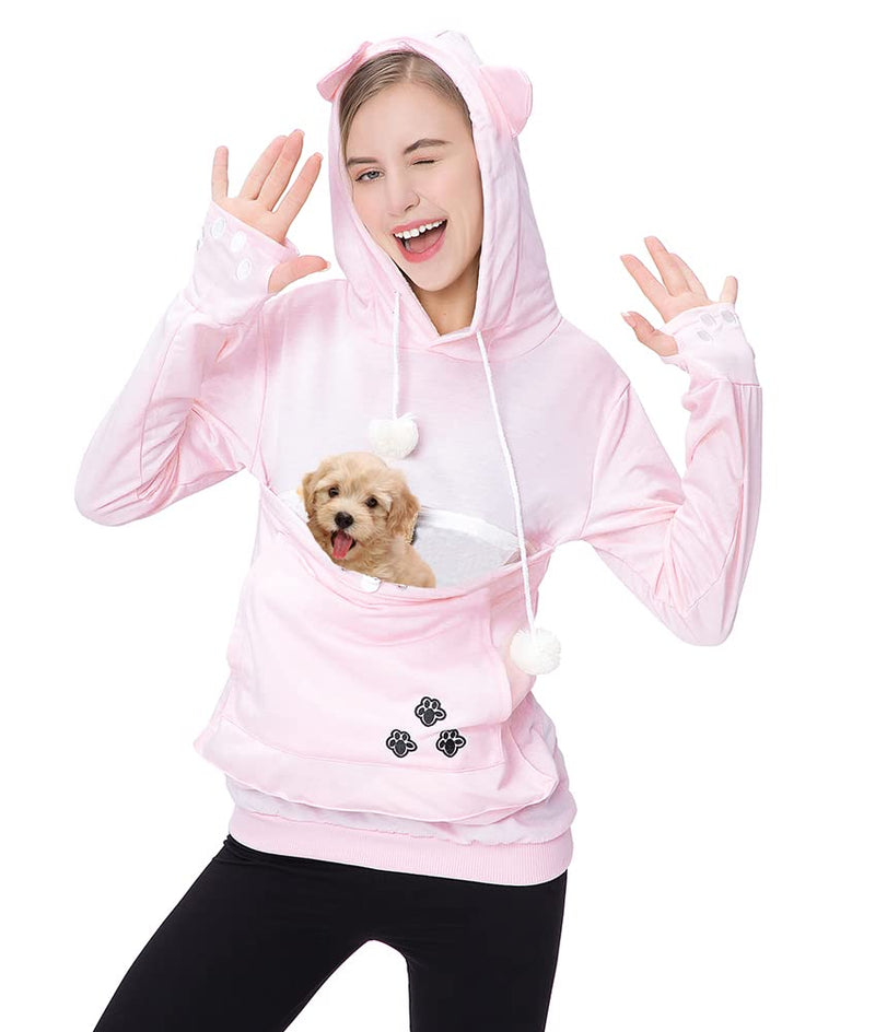 Jomago Womens Pet Carrier Thin Hoodies Kitten Puppy Pouch Shirts Animal Holder Hood Long Sleeve Sweatshirt Small Pink - PawsPlanet Australia