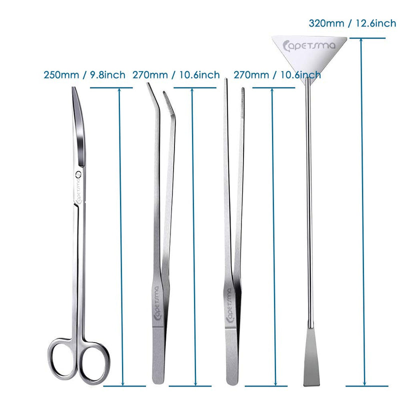 Capetsma Aquascape Long Stainless Steel Plant Tools Set - Aquarium Tweezers, Scissors, Spatula, Algae Scrapers - Fish Tank Cleaning Kit Silver - PawsPlanet Australia