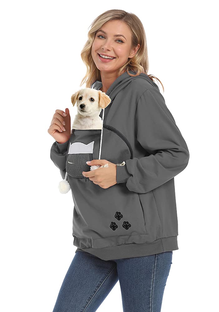 Women Pet Carrier Sweatshirt Puppy Kitten Holding Hoodies Long Sleeve Pouch Tops X-Large-XX-Large Dark Grey - PawsPlanet Australia