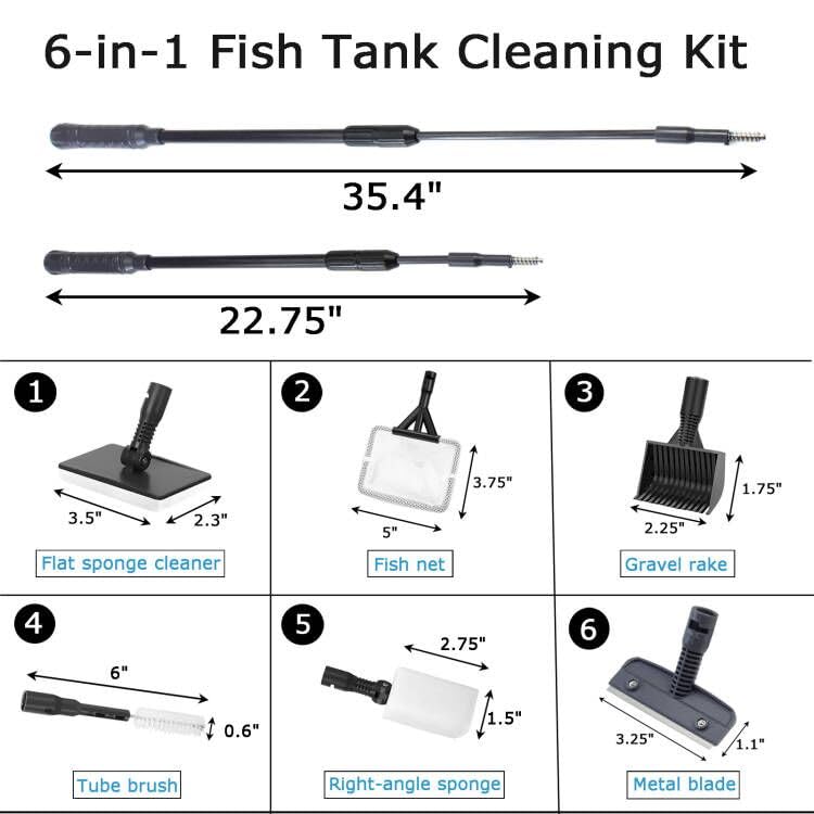 AQUANEAT Fish Tank Cleaning Tools, 6 in 1 Aquarium Cleaning Tools, including Algae Scraper, Sponge Pad, Fish Net, Gravel Rake and Cleaning Brush