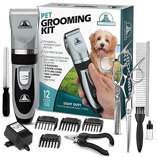 Pet Union Professional Dog Grooming Kit - Rechargeable, Cordless Pet Grooming Clippers & Complete Set of Dog Grooming Tools. Low Noise & Suitable for Dogs, Cats and Other Pets (Stainless Steel) Stainless Steel