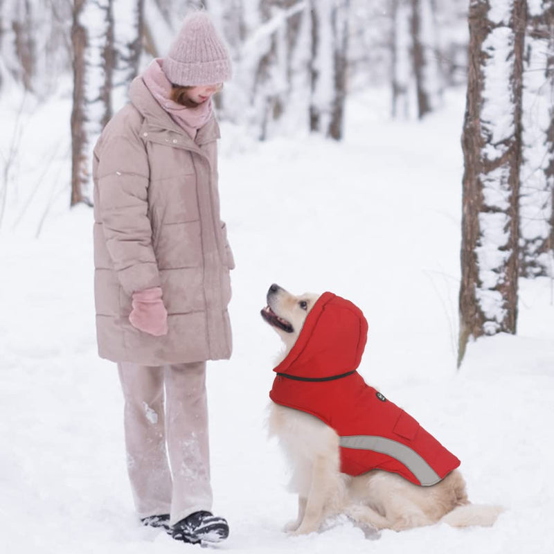 EMUST Dog Winter Coats, Waterproof Dog Winter Jackets with Detachable Hat, Warm Dogs Winter Clothes with Pocket, Cozy Dog Coats for Small/Medium/Large Dogs S Red - PawsPlanet Australia