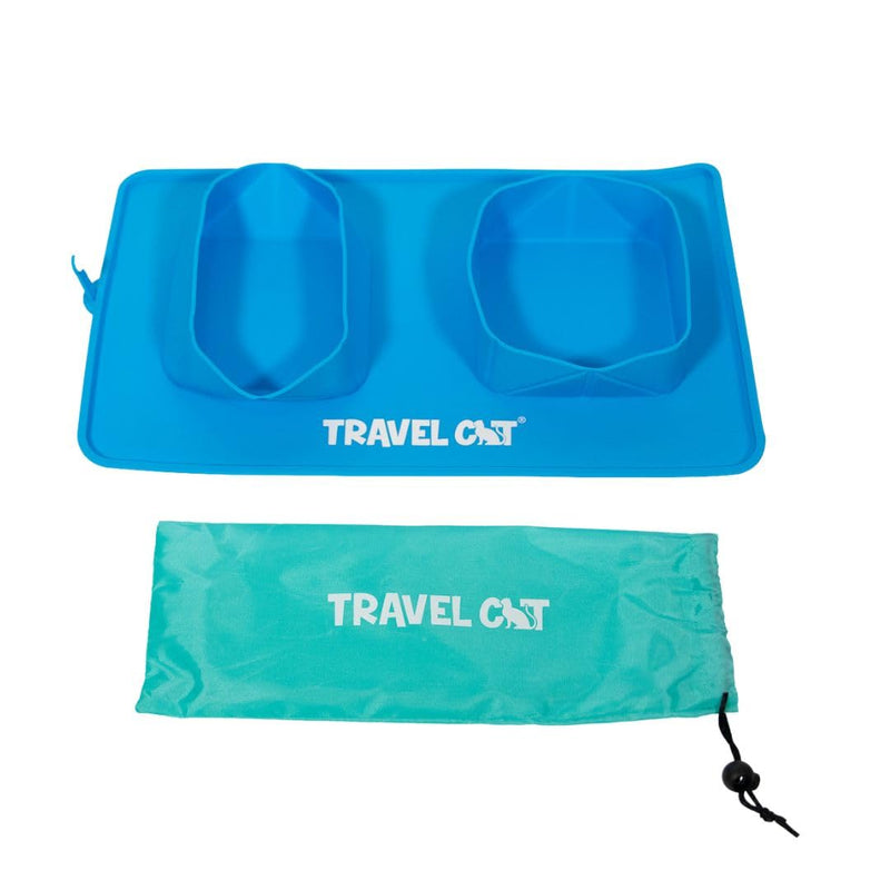 Travel Cat Collapsible Food and Water Bowl - 2 in 1 Blue Portable Pet Skid Mate Cat Bowl with No-Spill and Non-Skid Foldable Silicone Mat - Portable Pet Feeder for Traveling, Camping, Hiking with Cat - PawsPlanet Australia