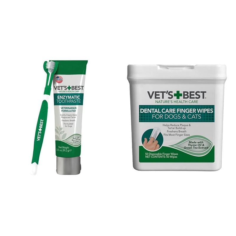 Bundle of Vet’s Best Dog Toothbrush and Enzymatic Toothpaste Kit + Vet's Best Dental Care Dog & Cat Finger Wipes 50 Count - Reduces Plaque & Freshens Breath - Teeth Cleaning Finger Wipes