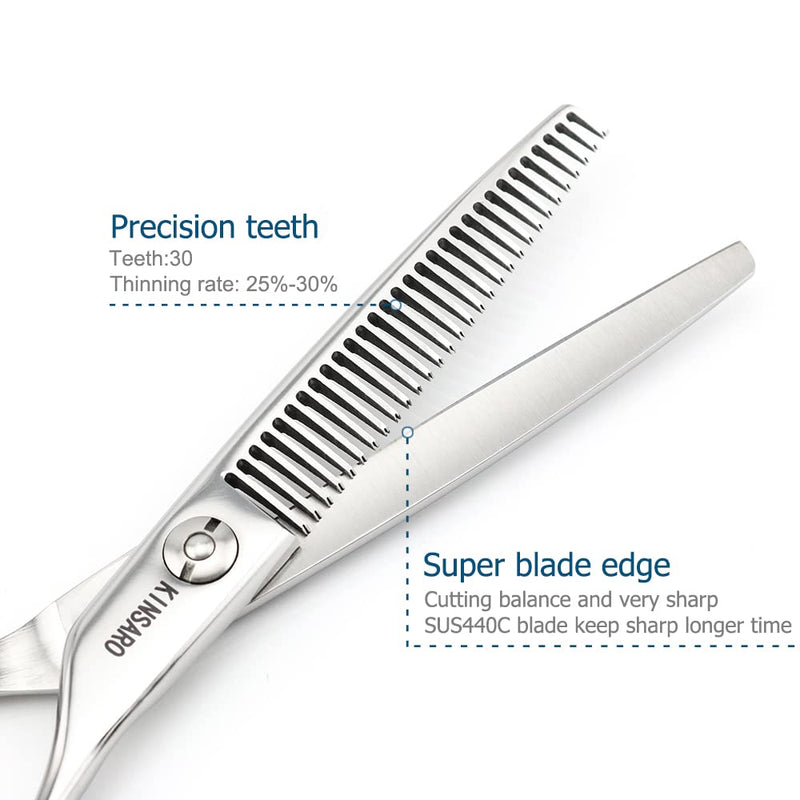 6" Barber Hair Scissors Hair Thinning Shears Professional Hair Thinning Scissors 30 Teeth 440C Silvery Convex Edge KINSARO for Hairdresser Barbershop or Home Use 6" Thinning