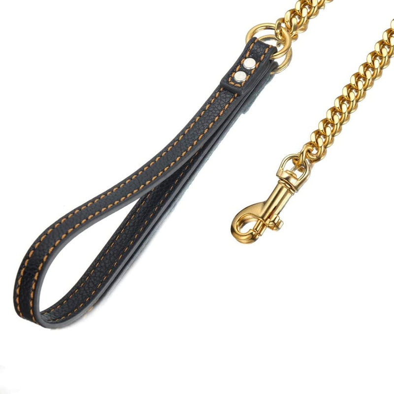 Strong Gold/Silver Dog Chain Leash 3FT 4FT 5FT Stainless Steel 12mm Curb Cuban Link Dog Leash Training Walking with Comfortable Genuine Leather Handle for Large, Medium Small Dogs (Gold, 3FT) 3FT (36inch) - PawsPlanet Australia