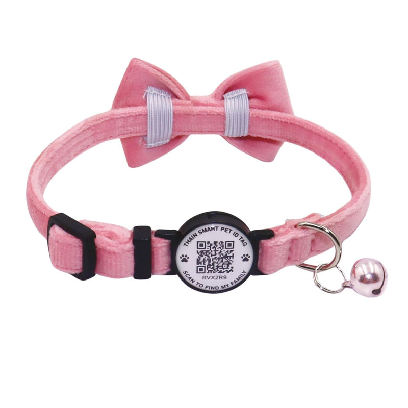 THAIN Personalized Cat Collar with bell and Bowtie Breakaway QR Code Name Smart ID tag quick release soft comfortable collar for cats and kittens (Pink) Pink