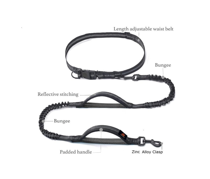 Hands Free Dog Leash with Waist Zipper Pouch, Dual Padded Handles and Dual Bungee Shockabsorbing Leash with Safety Reflective Strip for Walking, Jogging and Running Your Dog Black