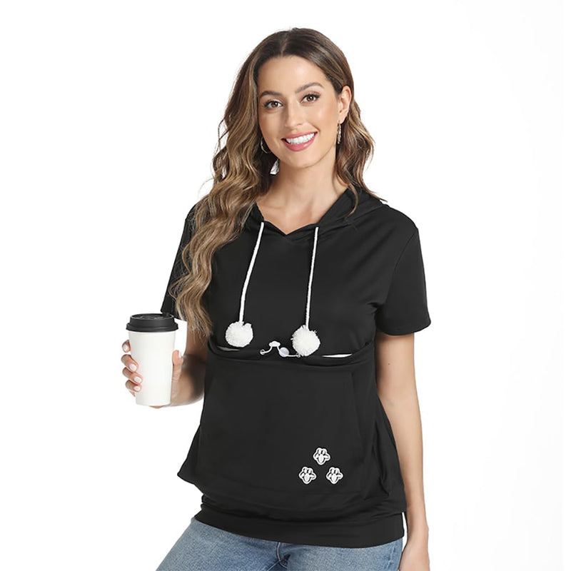 Women Big Pouch Shirt Pet Holder Pocket Top Short Sleeve Solid Color T-Shirt Large-X-Large Black - PawsPlanet Australia
