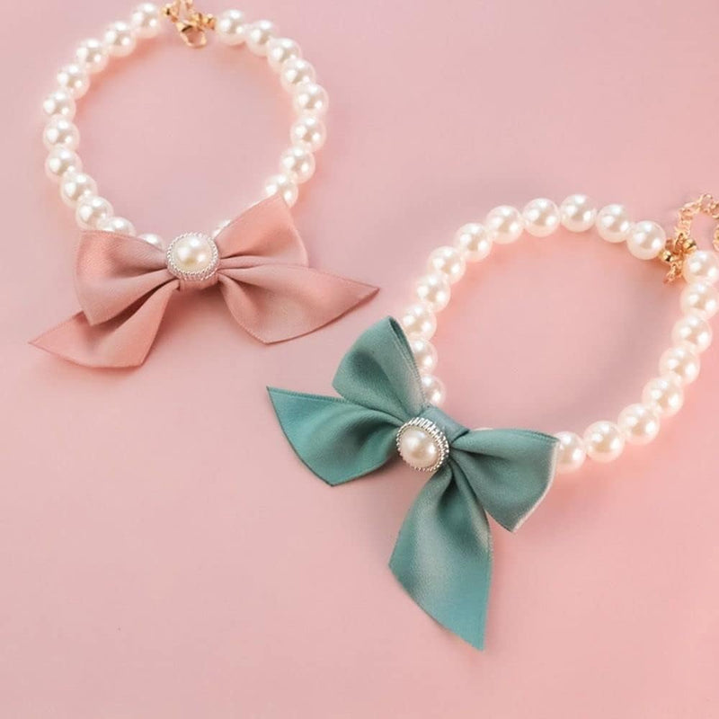 Purple Small Dog Pearl Necklace with Bow, Jewelry Dress Up Pet Decorative Dog Leash Necklace, Pet Collars Kitten Dog Bell Necklace Collars (M 25-31cm) - PawsPlanet Australia