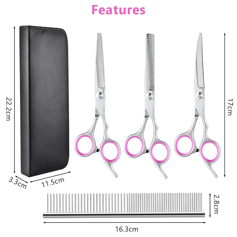 Dog Grooming Scissors, 5 Pcs Stainless Steel Pet Trimmer Kit, Fashion Hair Cutting Grooming Tool for Dogs and Cats - with 6-inch Cutting Scissors, Thinning Shear, Curved Scissors, Grooming Comb Pink 4 in 1