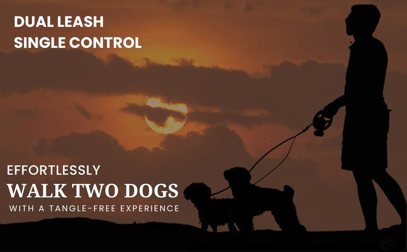 All-in-One Retractable Dual Dog Leash with LED Light and Poop Bag Holder, 360° Tangle-Free Swivel, One-Touch Brake/Lock, Durable Tape & Ergonomic Grip – for Two Small Dogs - PawsPlanet Australia