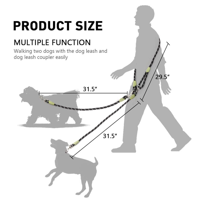 pawstrip Hands Free Dog Leash 2 Dogs Reflective Dog Double Leash Dual Leashes for Two Dogs Heavy Duty Crossbody Dog Leash with Coupler Large Medium Dogs Training Leash Black