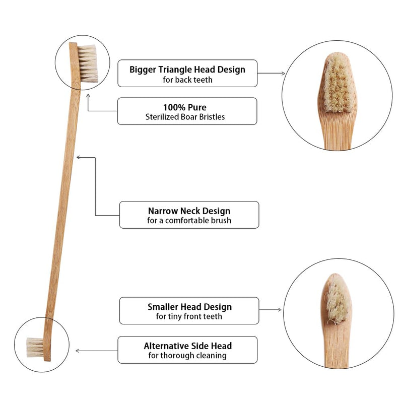 Gaia Guy Bamboo and Boar Bristle Double-Sided Pet Toothbrushes - 6-Pack - for Dogs, Cats and Planet - Plastic-Free and Nylon-Free Natural Bristles - No Microplastics - PawsPlanet Australia