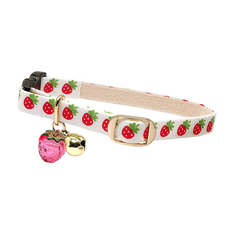 PetSoKoo Cute Cat Collar with Bell and Strawberry Charm.100% Cotton.Safety Breakaway Soft.for Girl Boy Male Female Kitten Collar Small (6-9.5 inch,16-24cm) White