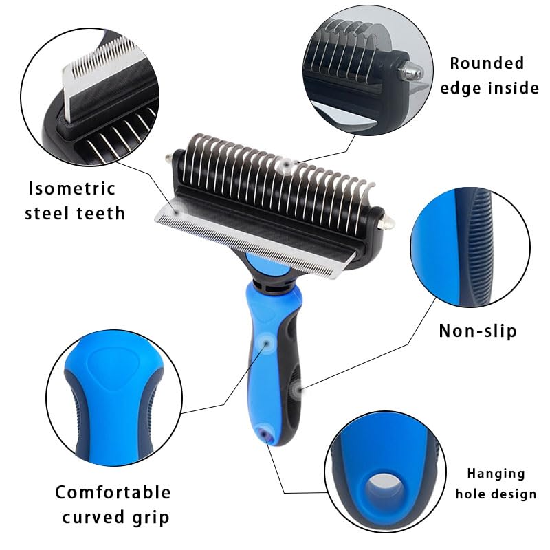 2 in 1 Dog Grooming Brush & Grooming Gloves Combo, Dematting Comb for Dogs - Deshedding Undercoat Rake, Pet Hair Grooming Brush for Long and Short Haired Dogs or Cats(Large, Blue) - PawsPlanet Australia