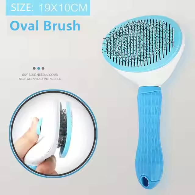 Self-Cleaning Pet Brush - One-Click Release Dog and Cat Grooming Tool with Oval Design for Easy Deshedding and Massage, Available in Sky Blue and Grey - PawsPlanet Australia