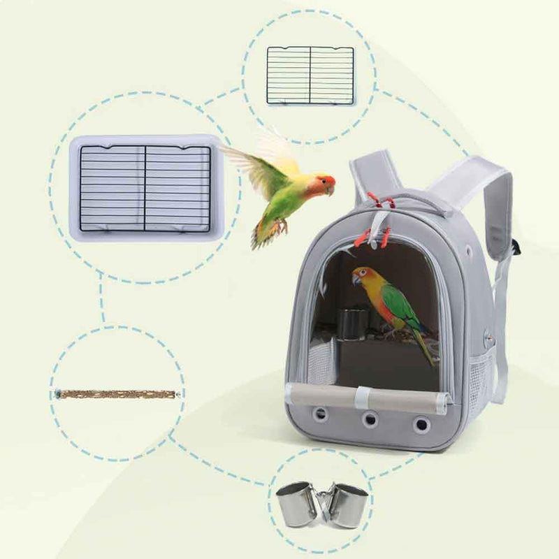 Bird Traval Carrier Cage, Multi Vent Holes Clear Space Capsule Astronaut Backpack to Carry Parakeet Cockatiel Parrot with Metal Tray Wood Perch, Vet Transport Book Bag (Grey) Grey - PawsPlanet Australia