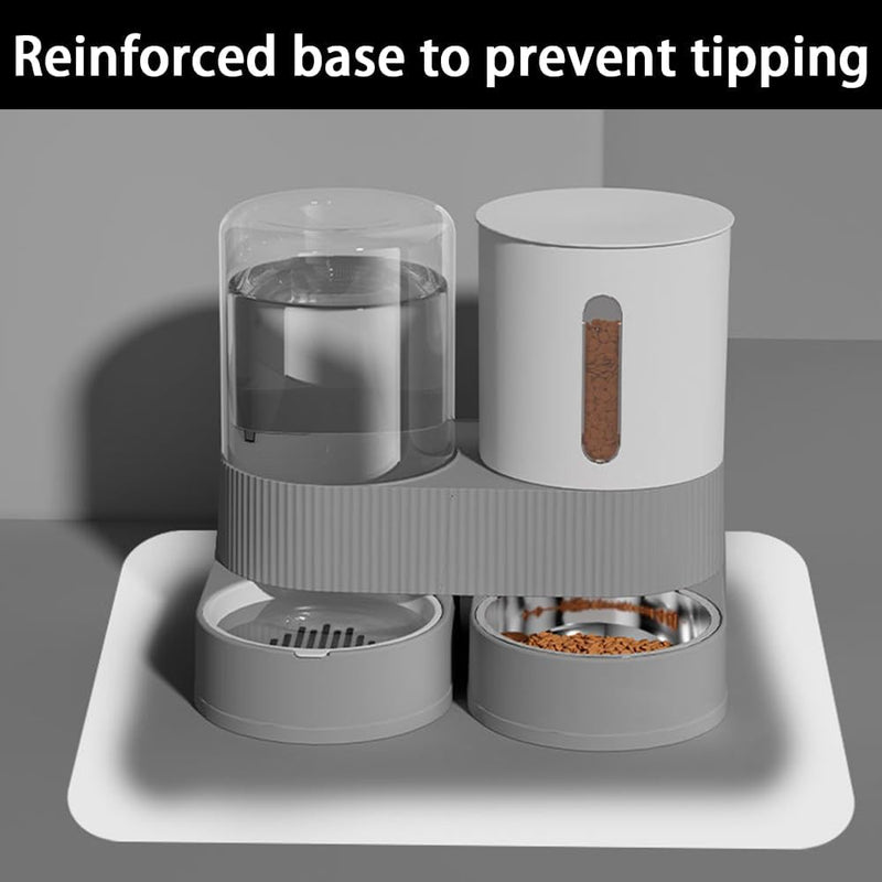 Automatic Cat Feeder and Water Dispenser - Gravity Cat Food Feeder and Waterer with Stainless Steel Bowl, 2 Pack Pet Self Feeding for Small Dog Puppy Kitten, 2.4L Dry Food and 2.6L Water Grey Split - PawsPlanet Australia