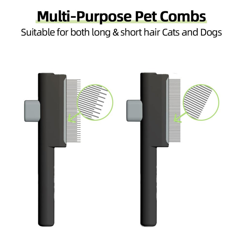 Marchul 2Pcs Pet Comb Flea Comb Set for Cats Dogs, Cat Grooming Brush with Release Button and Stainless Steel Round Teeth, Self-Cleaning Dog Combs for Removing Pet Hair, Knots & Loose Fur, Black