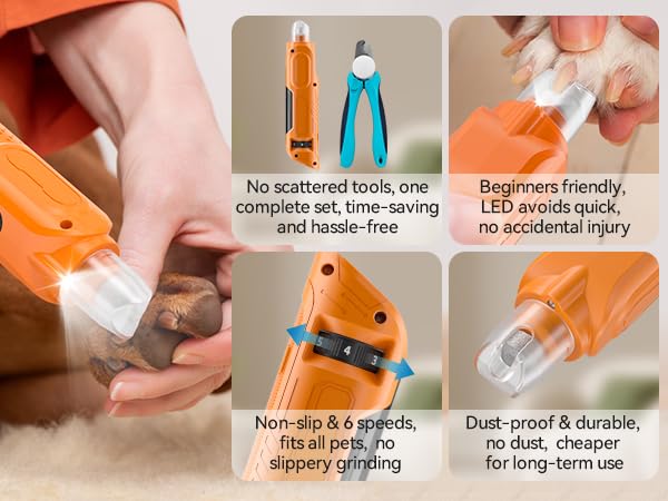 PAPIFFEED Dog Nail Grinder, Quiet 6-Speed Electric Nail Trimmer with Dual LED Light, Rechargeable for Small Medium Large Dogs, with Premium Nail Clipper (Orange Set) Orange Set - PawsPlanet Australia