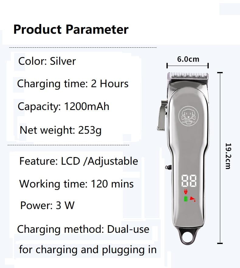 Dog Clippers - Rechargeable Cordless Dog Grooming Kit, Professional for Thick Coats, LED Power Display, Low Noise Pet Shaver with 6 Guide Combs for Cats and Animals