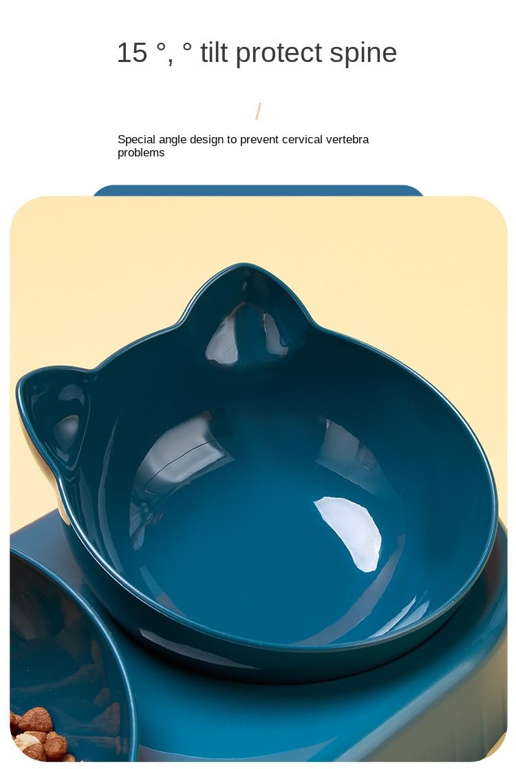 Cat Bowl Set with Water Dispenser and Non-Slip Mat, Triple 15° Tilted Feeding Bowls for Kitten, Elevated Wet and Dry Food Dishes- Dark Blue, Light Grey