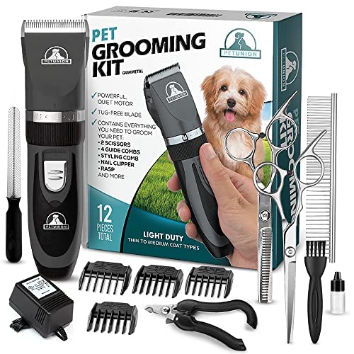 Pet Union Professional Grooming Kit - Rechargeable, Cordless Pet Grooming Clippers & Accessories, Low Noise, Suitable for Dogs, Cats and Other Pets (Grey) Grey - PawsPlanet Australia