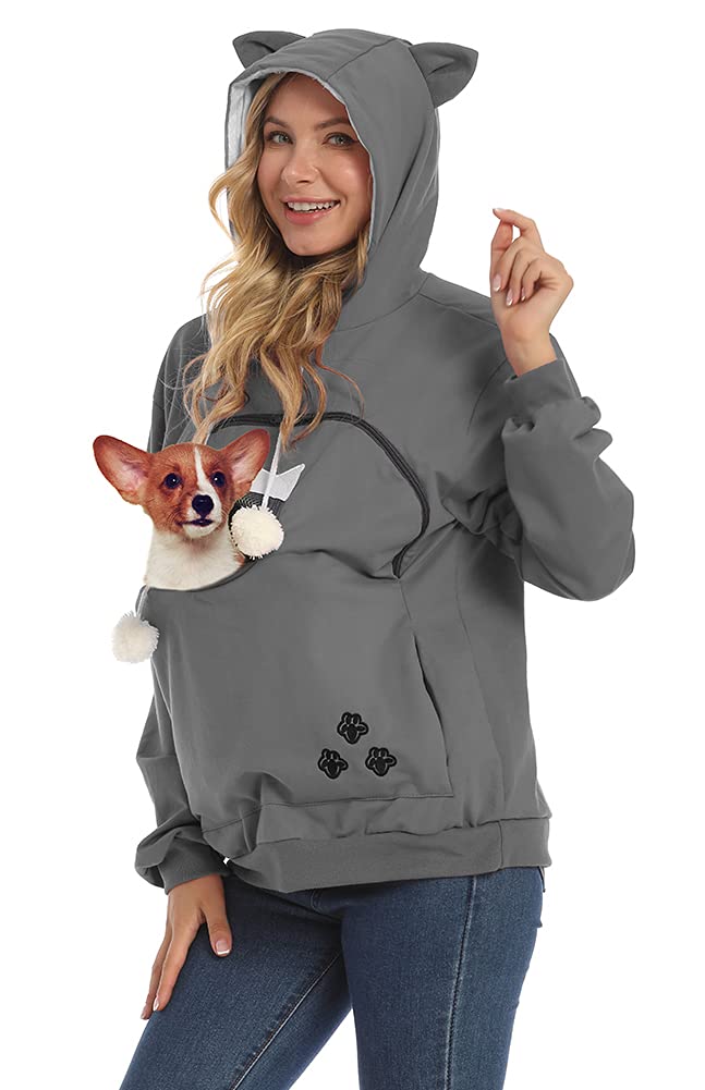 Women Pet Carrier Sweatshirt Puppy Kitten Holding Hoodies Long Sleeve Pouch Tops X-Large-XX-Large Dark Grey - PawsPlanet Australia
