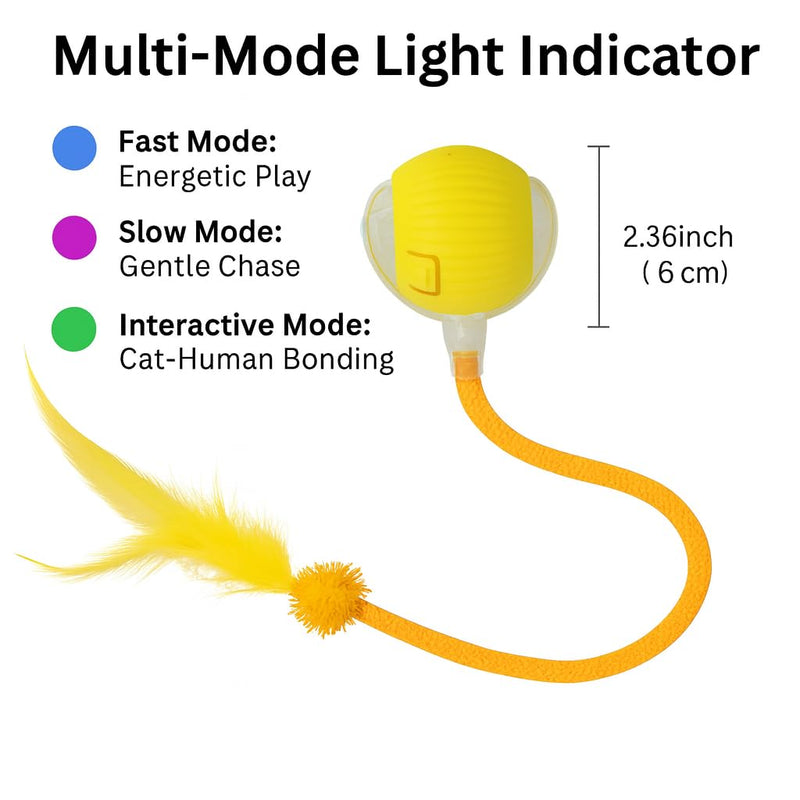 Automatic Cat Toy Ball – Rechargeable Cat Ball with Feather & Ribbon Tail – Light-Up Effects – Smart Rolling Indoor Cat Toys – Dual Speeds – Interactive Cat Toys for Kittens Yellow - PawsPlanet Australia